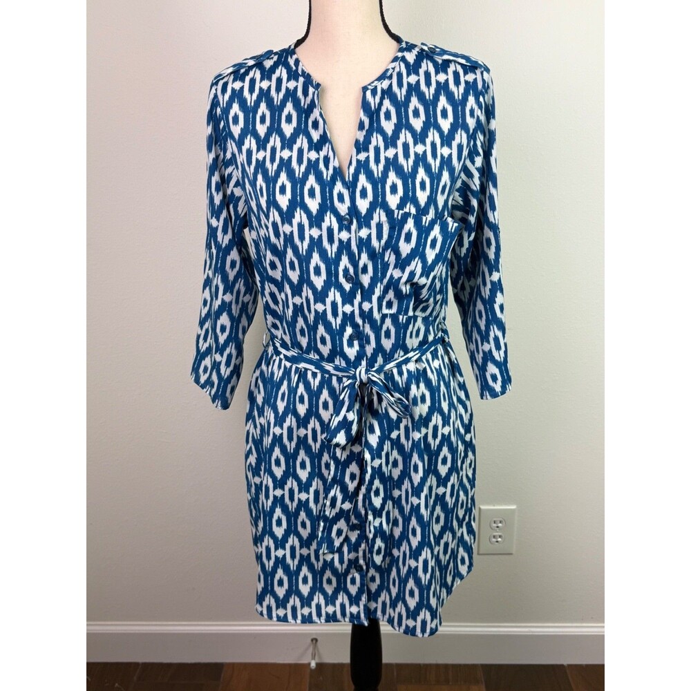 Maeve Anthropologie Size Small Blue White Ikat Print Shirt Dress Belted Boho